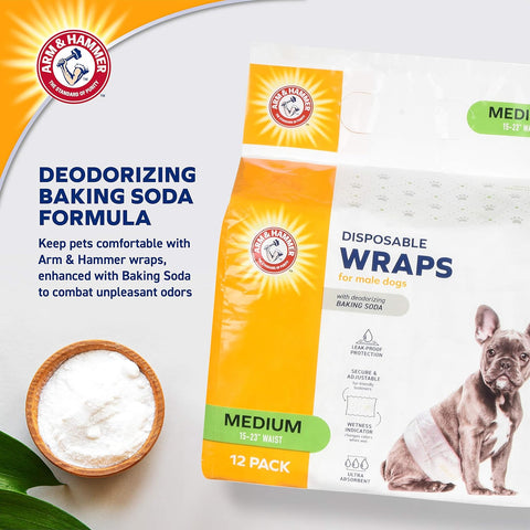 Arm & Hammer For Pets  Dog Wraps, Medium 12 Ct | Ultra-Absorbent, Adjustable Male Dog Diapers with Leak-Proof Protection & Wetness Indicator | Arm & Hammer Baking Soda Enhanced for Odor Control